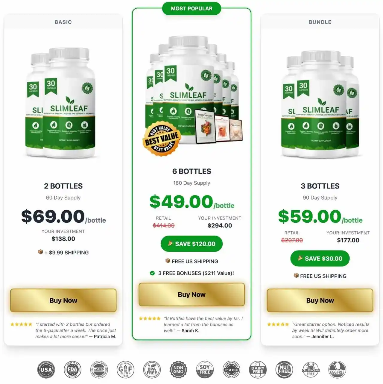 SlimLeaf Pricing — 1, 3 and 6 Bottle Packages